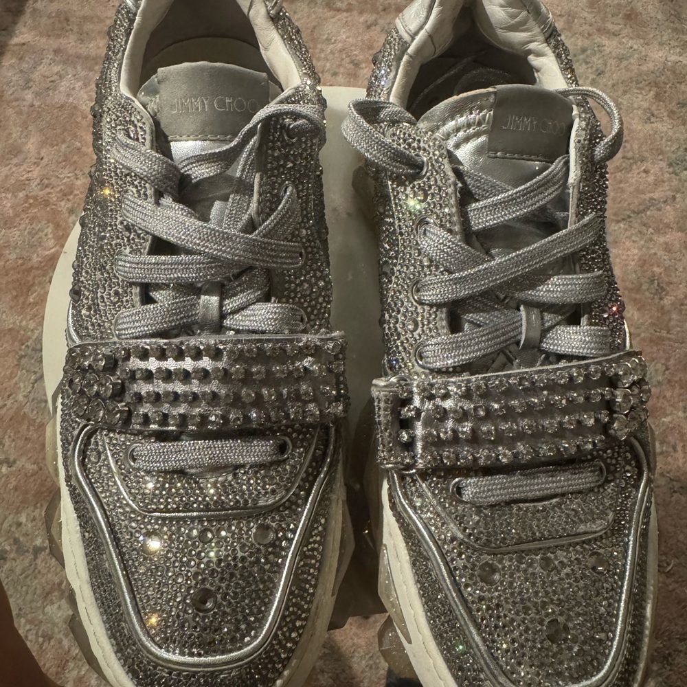 Jimmy Choo Silver Crystal-Studded Lace-Up Sneakers